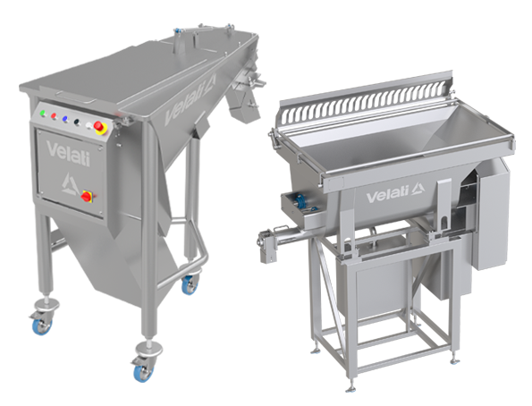 Velati stainless steel salt and spice dosing machines, compliant with MOCA and Hygienic Design: salt and spice dosing on belts between grinding and mixing; efficient and reversible motors. Tanks of 115 L (screw conveyor), 250 L (bridge breaker), 300 L (double cradle).