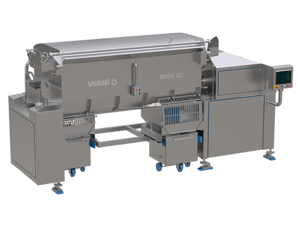 Velati drawer-discharge mixers, made of stainless steel and MOCA compliant, are ideal for sausage, salami, and mortadella production. Double-cradle tank, two paddle shafts, capacity 1100-4000 liters. Discharge via two lower sliding drawers.
