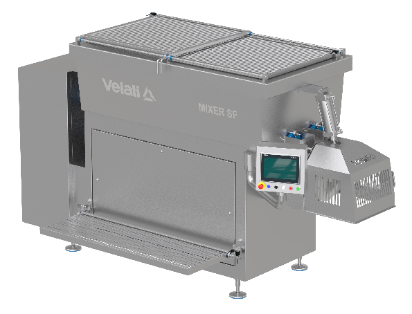 Velati front-discharge mixers: stainless steel, compliant with MOCA/Hygienic Design, double-cradle tank with two paddle shafts; capacity 1100-4000 L. Discharge via bottom screw conveyor, ideal for automatic production lines