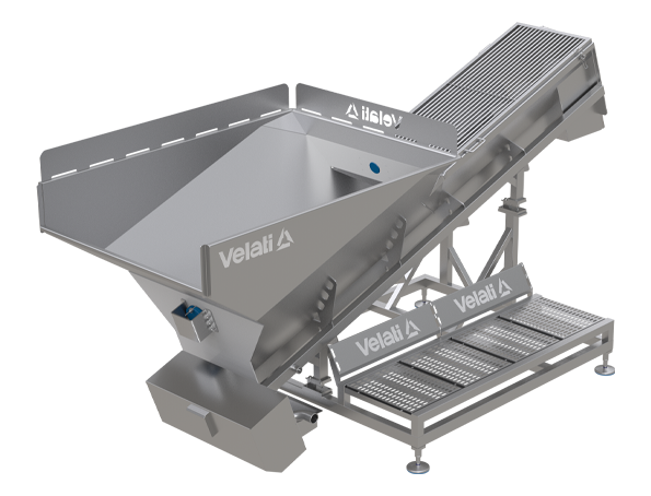 Velati stainless steel dosing screws, compliant with MOCA and Hygienic Design, dose fresh ingredients using load cells and inverters; automated weighing and distribution in line, fast and efficient flow.