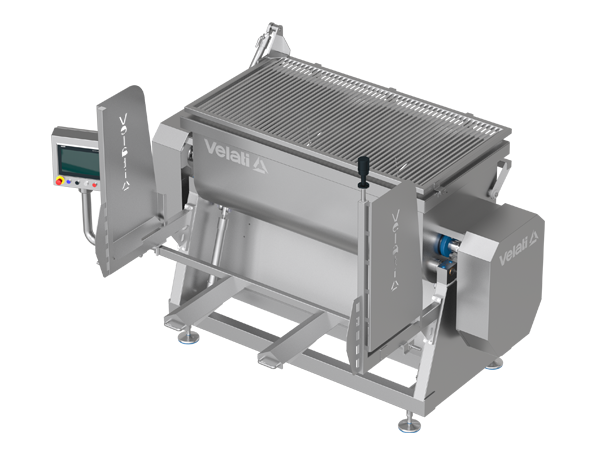 Velati tilting tank mixers: stainless steel, compliant with MOCA/Hygienic Design, double cradle with two paddle shafts; capacities of 300, 500, 700, and 1100 liters. Hydraulic tilting for discharge into carts, rapid emptying and cleaning.