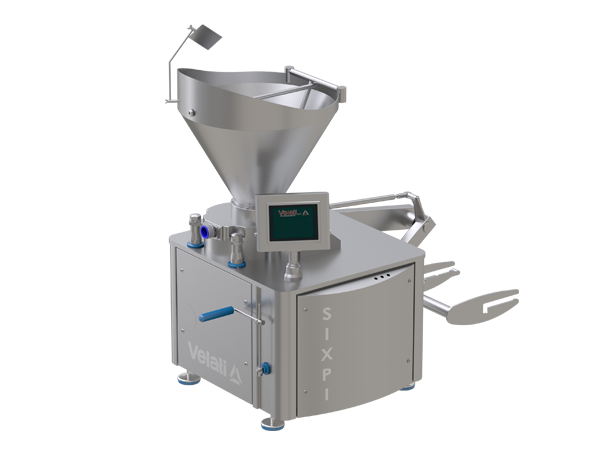 This multi-piston stuffer is designed to fill high-quality raw and cooked products efficiently, with an innovative control system for all process phases, easy cleaning compliance, and compatibility with accessories like clipper, twister, and casing spinner.