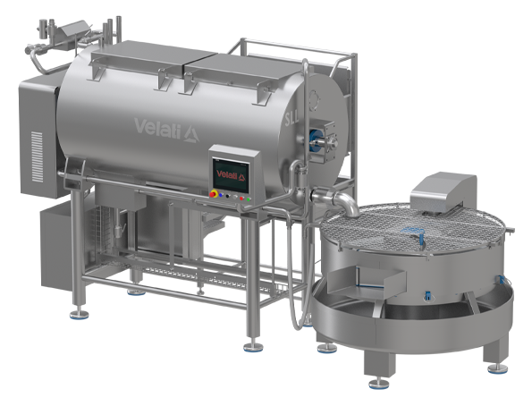 Velati Scalda Lava Lardello: stainless steel machine compliant with MOCA/Hygienic Design for washing lard in mortadella production; cylindrical tanks of 1250/2500 L, heating and washing functions, rotating filter for rinsing and draining.