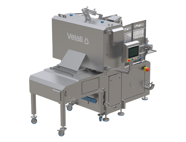 Finimondo Velati F1/F3/F4 continuous meat cutters: stainless steel, compliant with MOCA/Hygienic Design; process blocks and pieces down to −5 °C with inverter-speed belts; cutting unit with guillotine on eccentrics and circular blades; up to 10 tons per hour.