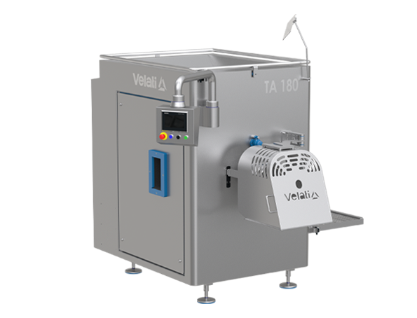 Velati TA6 and TA meat grinders in stainless steel, compliant with MOCA and Hygienic Design, process fresh, chilled, and frozen meat for all industries; auger with 2 speeds, fixed knives, hopper with paddle feeder.