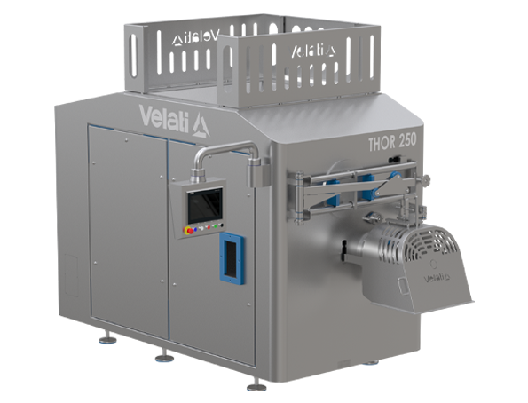 Velati THOR 220/250 grinder breaker: stainless steel, compliant with MOCA/Hygienic Design, suitable for fresh and frozen meat down to −20 °C. Hopper capacity 550 L, double screw system (crushing at variable speed, grinding at fixed speed), designed for medium and large industries.