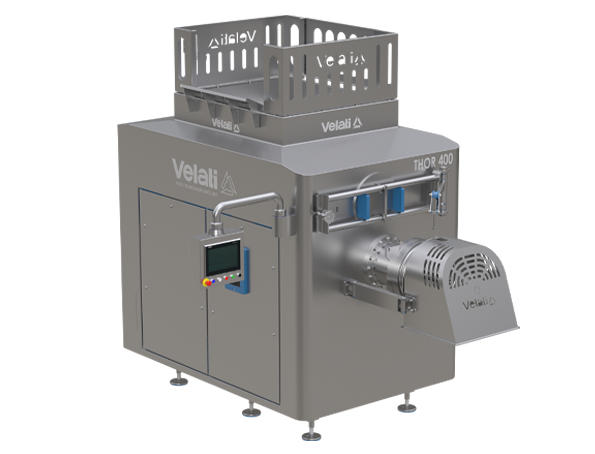 Velati THOR 300/400 grinder breaker: stainless steel, compliant with MOCA/Hygienic Design, suitable for fresh and frozen meat down to −20 °C. Hopper capacity 670 L, double screw system (variable speed crushing, fixed speed grinding), minimum grain size 8 mm; productivity up to 9 tons per hour.