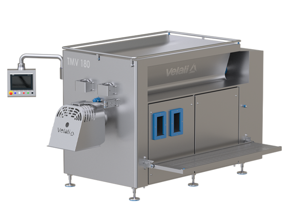 Velati TM/TMR/TMV meat grinders in stainless steel, compliant with MOCA/Hygienic Design: for fresh, chilled, and frozen meat. TM model has 2 speeds on the feeding auger; TMR/TMV models have variable speed on both auger and knives; two-shaft tank, sizes 1000–2000 L.