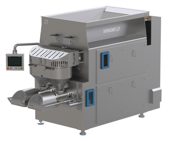 Triple-head mincer 3T Velati: stainless steel, compliant with MOCA/Hygienic Design, for mortadella. 1000 L pre-mixing tank (double shaft), double refinement opening, uniform feeding, granulometry 0.8/0.9 mm, discharge into carts.