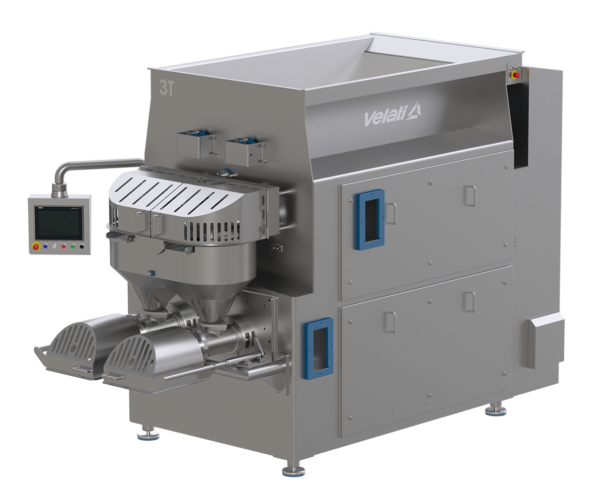 Triple-head mincer 3T Velati: stainless steel, compliant with MOCA/Hygienic Design, for mortadella. 1000 L pre-mixing tank (double shaft), double refinement opening, uniform feeding, granulometry 0.8/0.9 mm, discharge into carts.