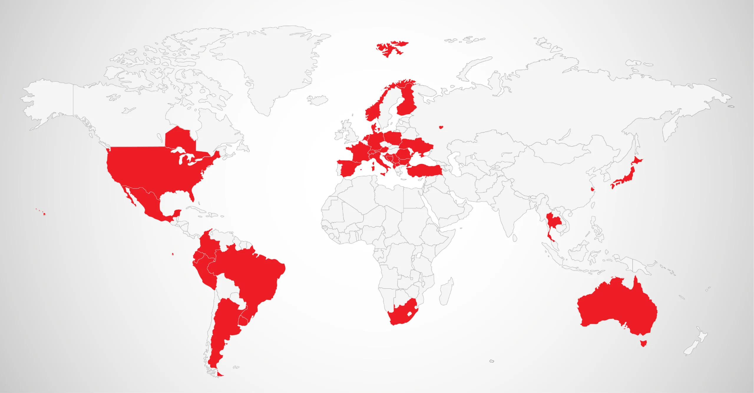 Map of the five continents with Velati clients highlighted in red: Europe, the Americas, Asia, and Australia; numerous countries are marked while the background remains gray to make the highlighted areas stand out.