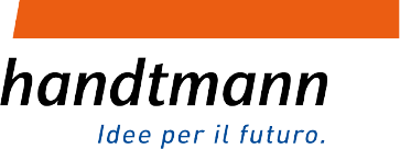 Handtmann logo, Velati’s partner: an orange band at the top, below the black word “Handtmann” and, in blue, “Ideas for the future.” The composition is on a clean, essential white background.
