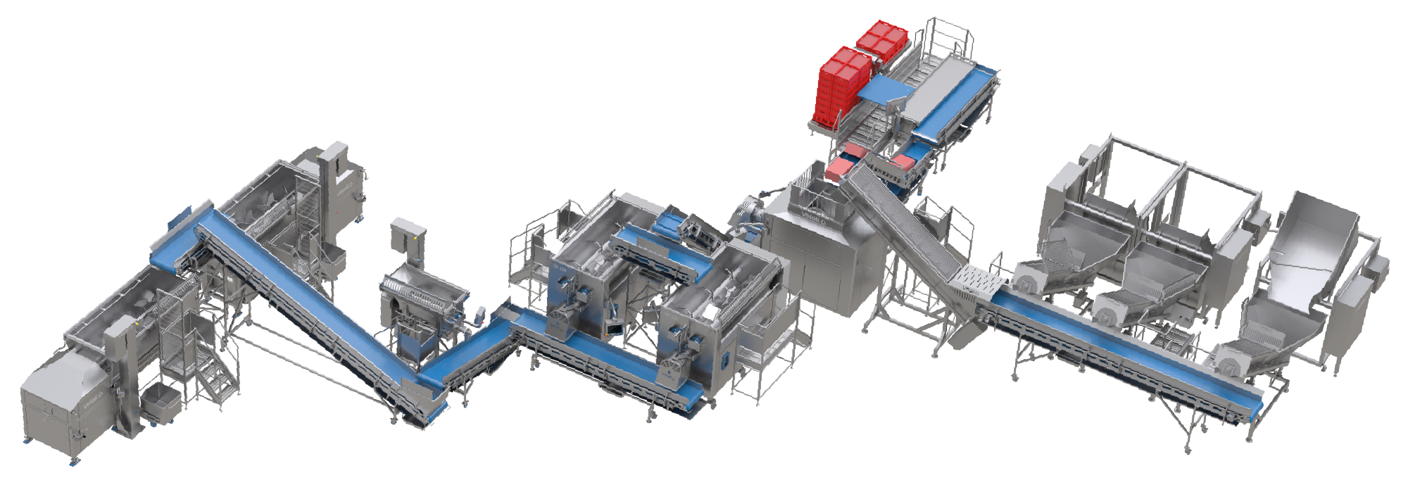 AUTOMATED LINE FOR MINCED PRODUCTS on a white background: mixer, conveyor belt, salt dispenser, grinding, coarse grinding, weighing on the belt, new conveyor belt, and final salt dispenser. The flow prepares the meat for sale.