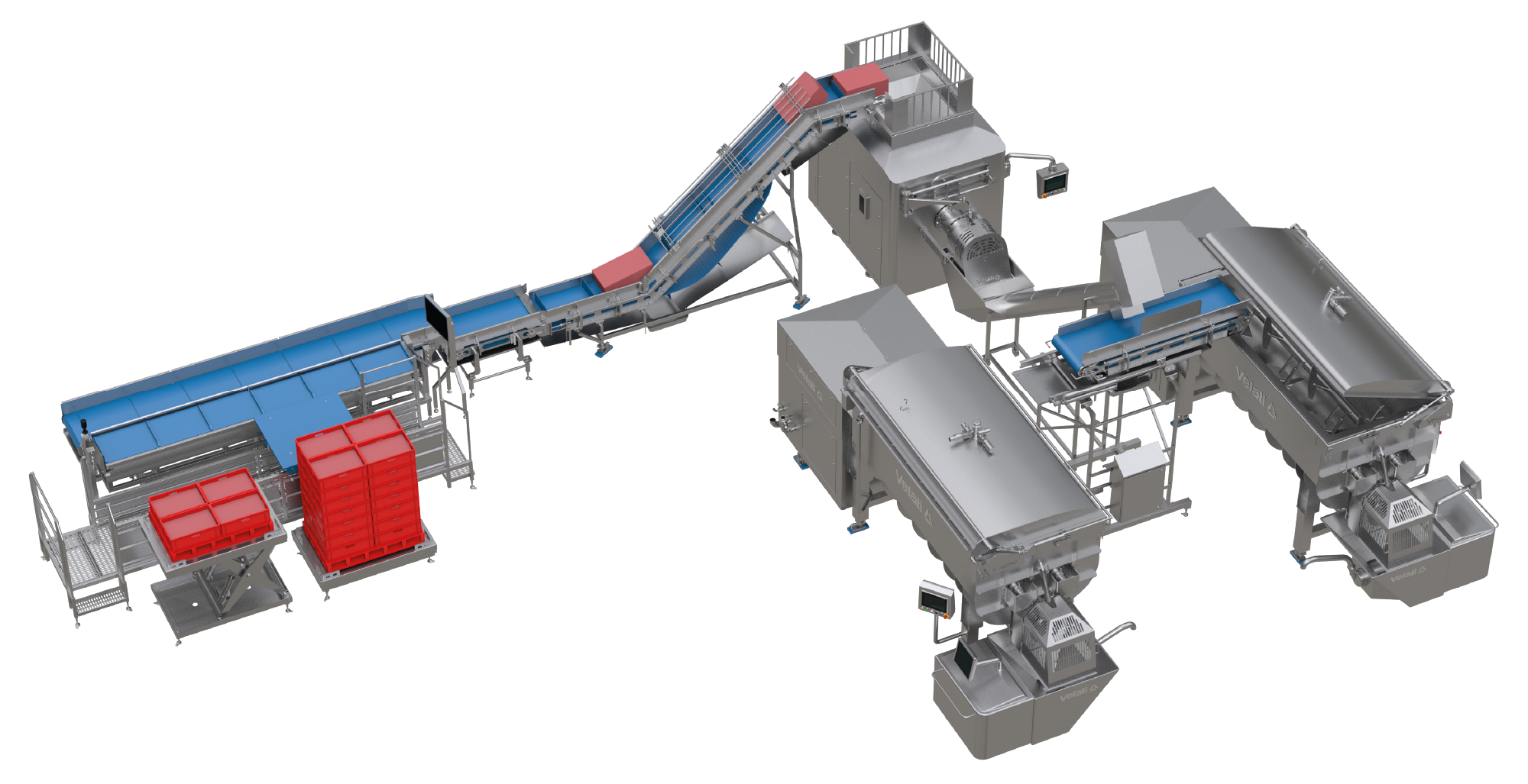 Emulsifying line on a white background: weighing, conveyor belt, roughing, mixing, and final emulsion. Three machines in sequence for processing frozen meat ready for sale.