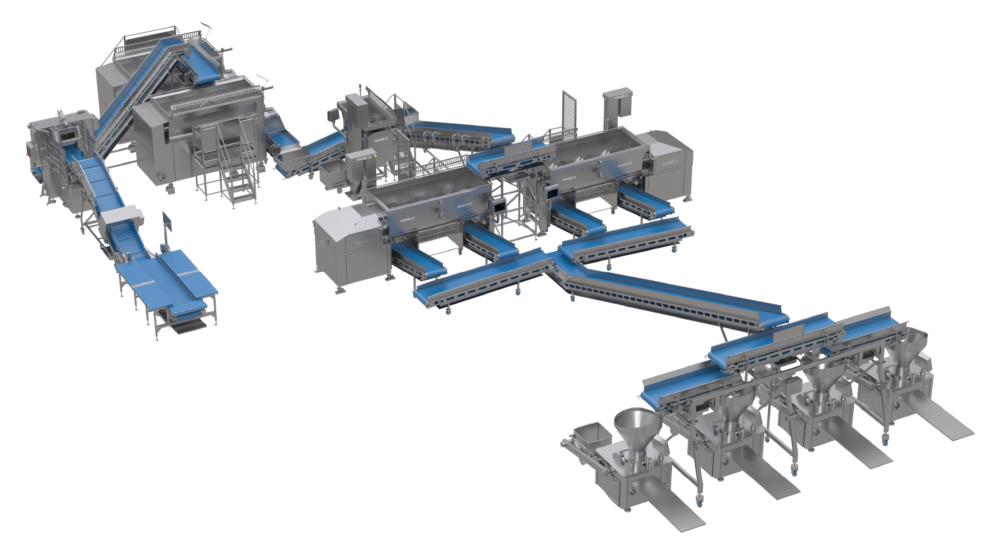 Salami line on a white background: weighing at −7°C, conveyor belt with metal detector, pre-cutting, shredding, salt dosing, mixing, and conveying; automatic bagging. Complete flow for frozen product.
