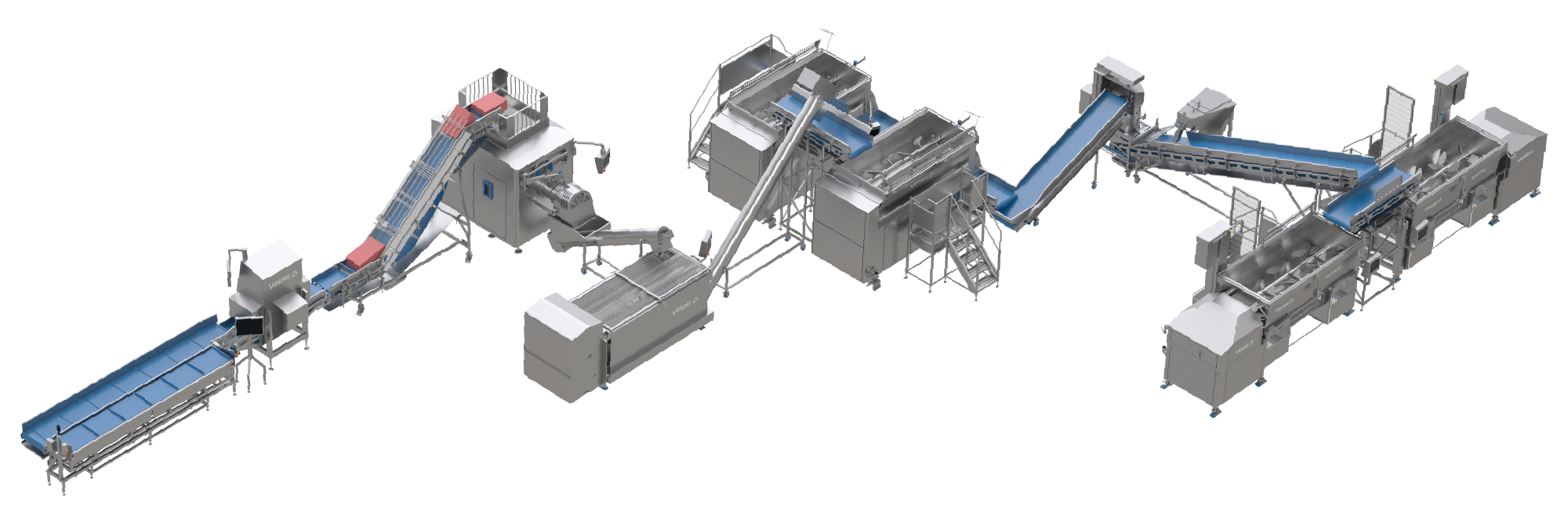 Line for ground products on a white background: weighing, fat analysis, conveyor belt, coarse grinding, premixing, grinding, salt dosing on the belt, and final mixing. Complete flow for frozen meat.