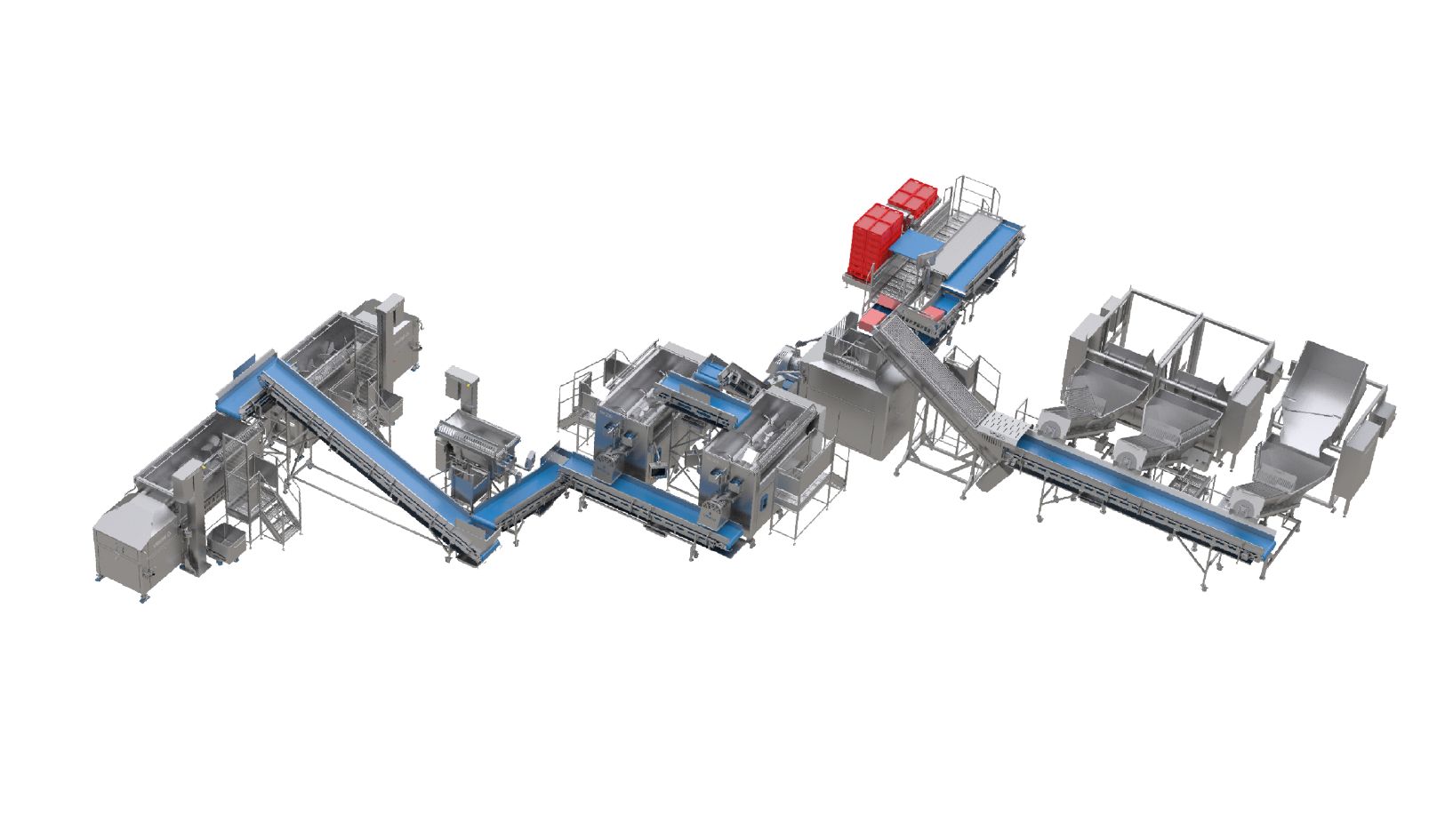 AUTOMATED LINE FOR MINCED PRODUCTS on a white background: mixer, conveyor belt, salt dispenser, grinding, coarse grinding, weighing on the belt, new conveyor belt, and final salt dispenser. The flow prepares the meat for sale.