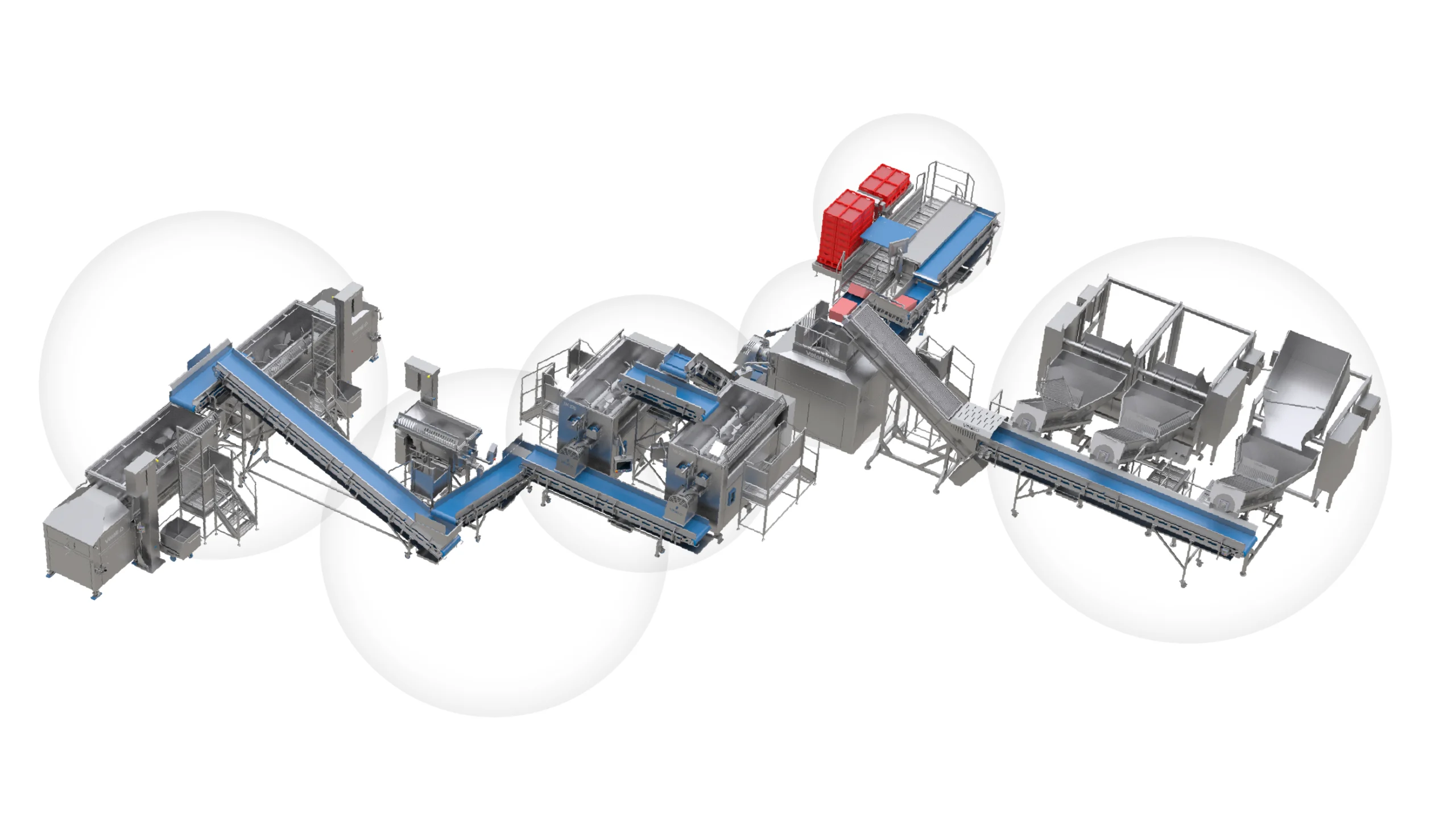 AUTOMATED LINE FOR MINCED PRODUCTS on a white background: mixer, conveyor belt, salt dispenser, grinding, coarse grinding, weighing on the belt, new conveyor belt, and final salt dispenser. The flow prepares the meat for sale.