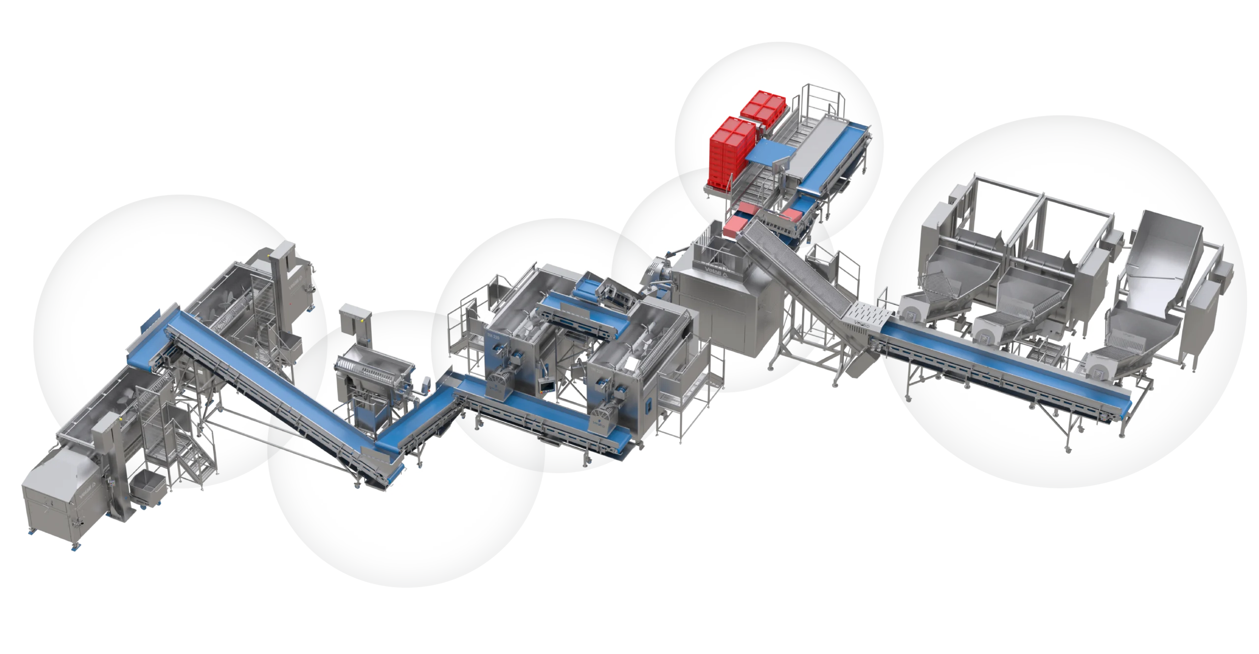 AUTOMATED LINE FOR MINCED PRODUCTS on a white background: mixer, conveyor belt, salt dispenser, grinding, coarse grinding, weighing on the belt, new conveyor belt, and final salt dispenser. The flow prepares the meat for sale.