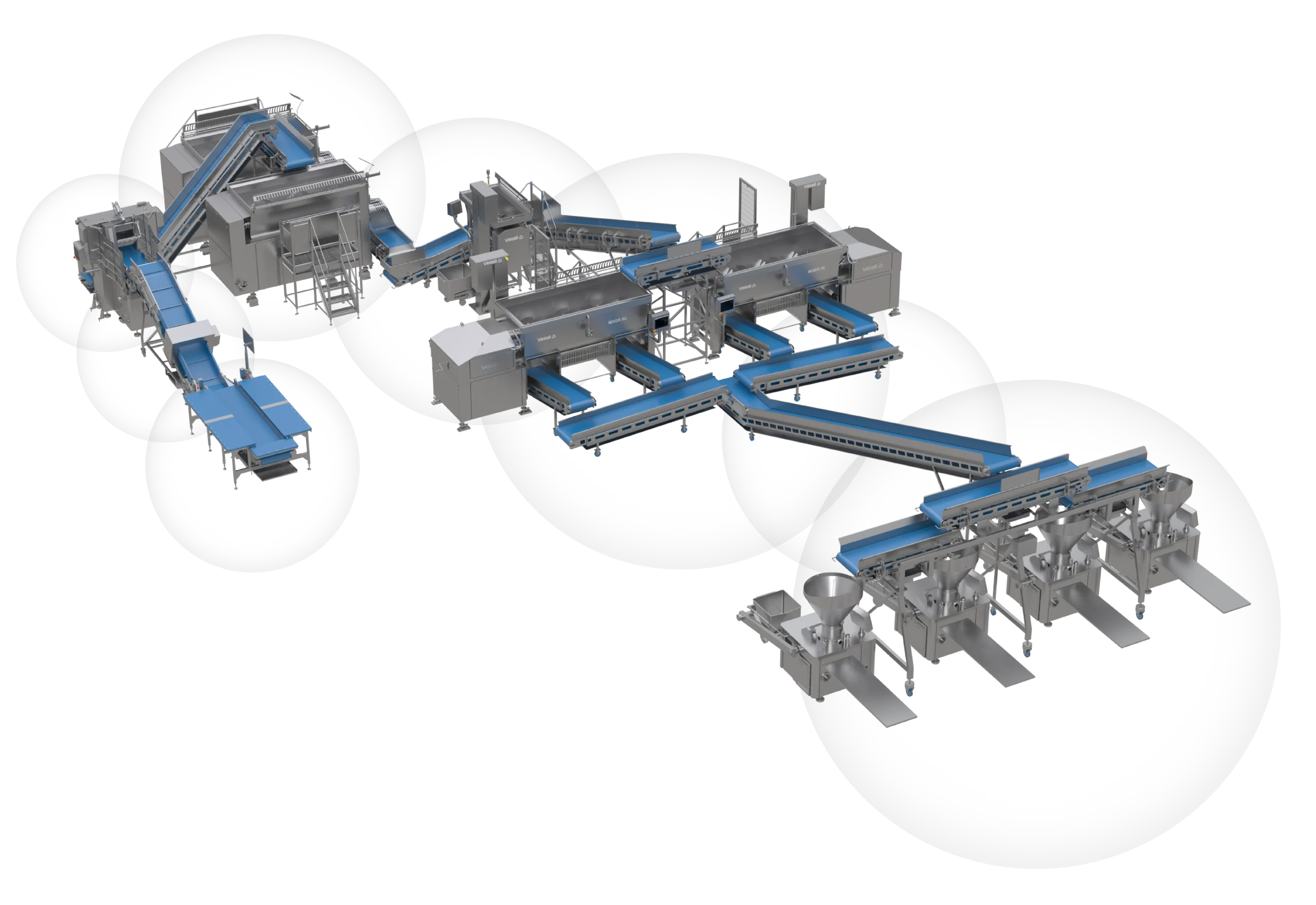 Salami line on a white background: weighing at −7°C, conveyor belt with metal detector, pre-cutting, shredding, salt dosing, mixing, and conveying; automatic bagging. Complete flow for frozen product.