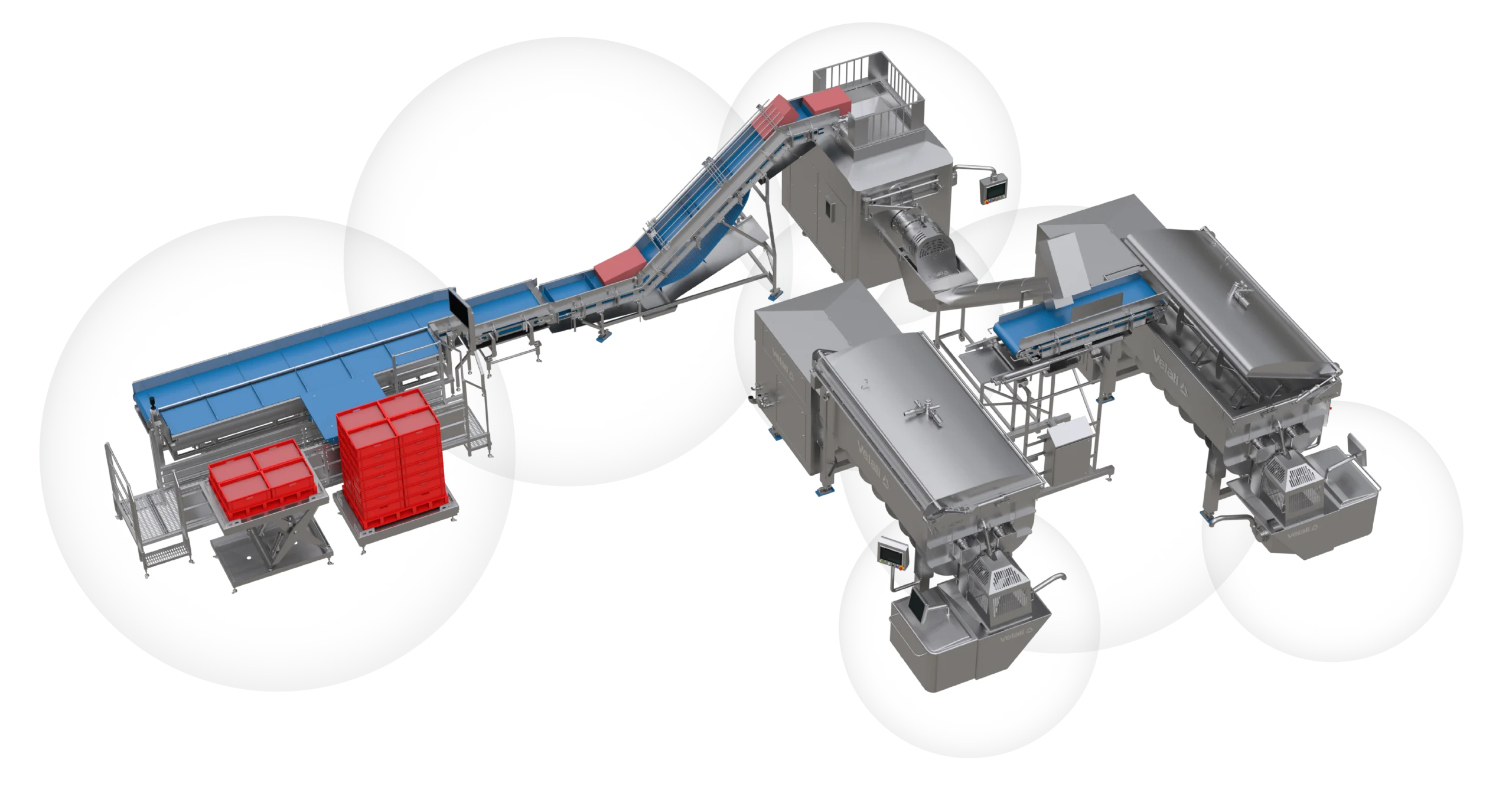 Emulsifying line on a white background: weighing, conveyor belt, roughing, mixing, and final emulsion. Three machines in sequence for processing frozen meat ready for sale.