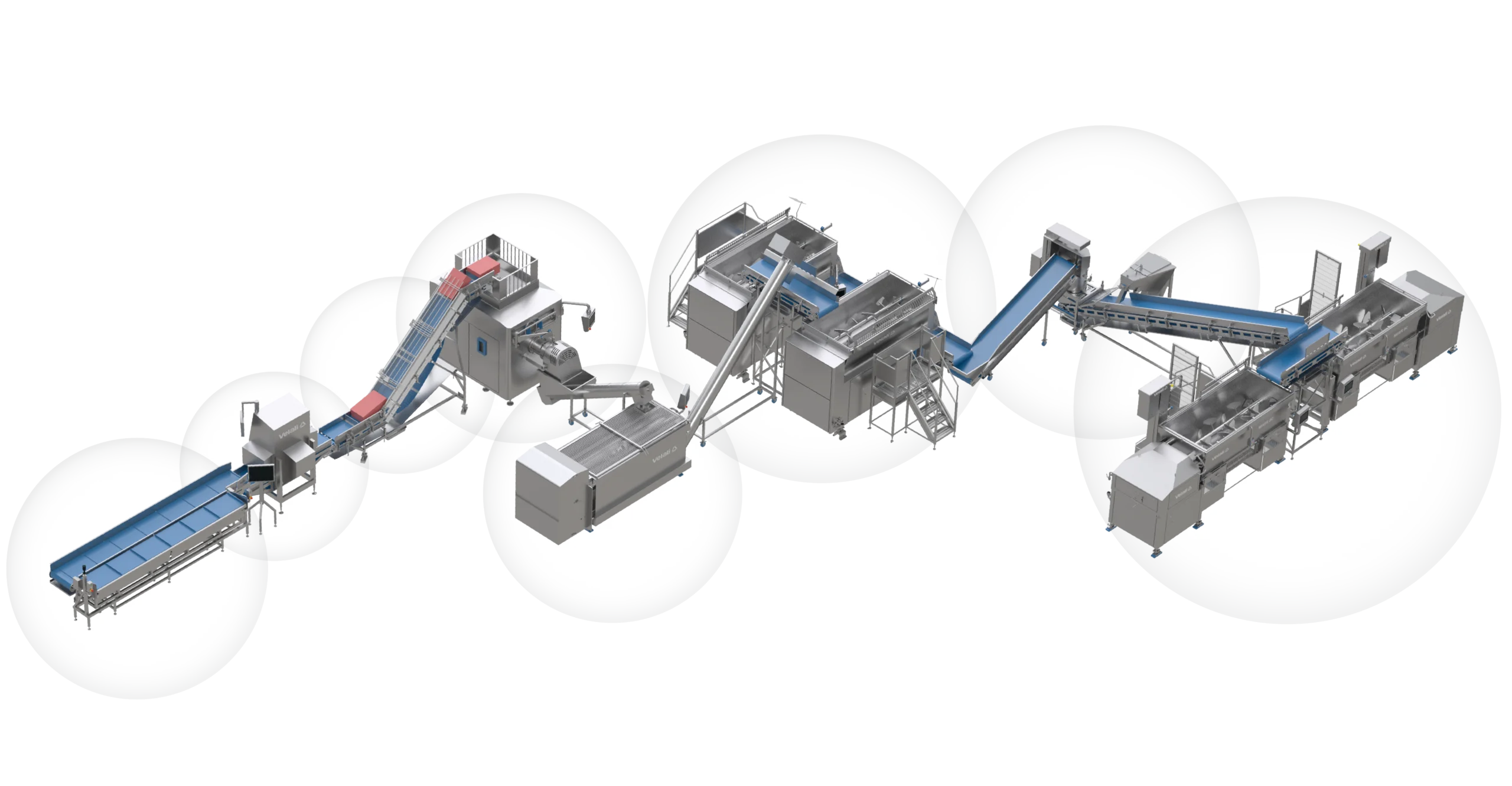 Line for ground products on a white background: weighing, fat analysis, conveyor belt, coarse grinding, premixing, grinding, salt dosing on the belt, and final mixing. Complete flow for frozen meat.