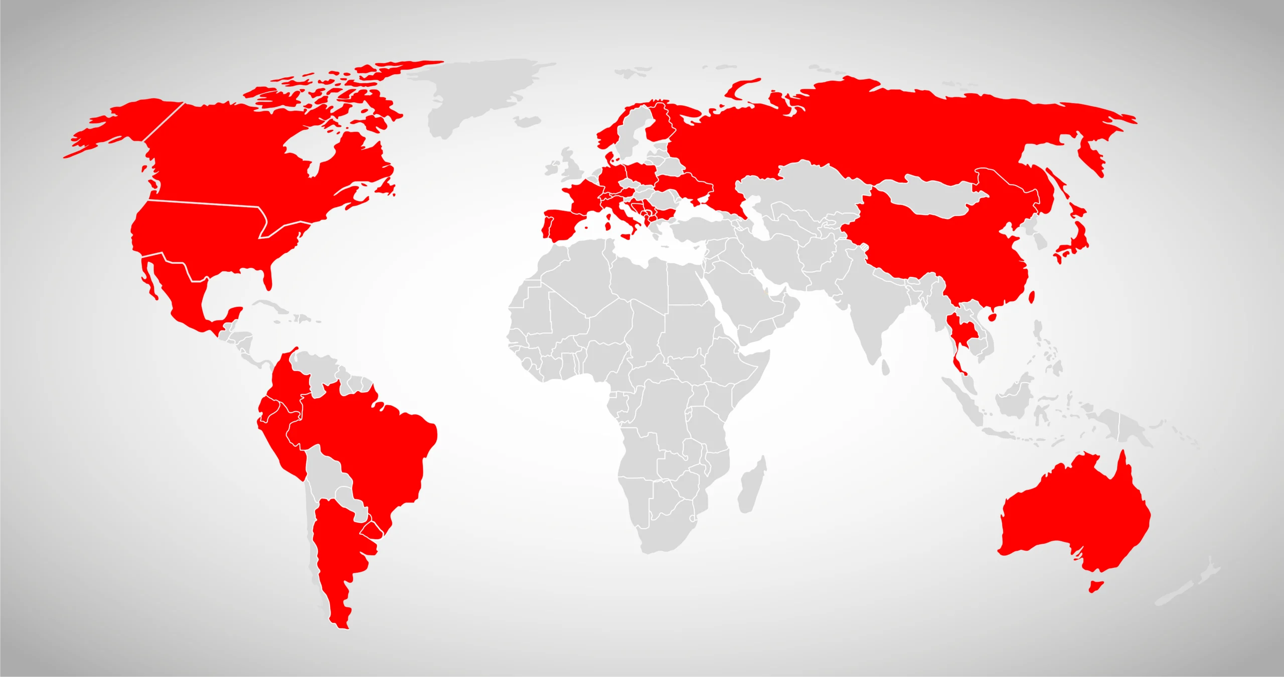 Map of the five continents with Velati clients highlighted in red: Europe, the Americas, Asia, and Australia; numerous countries are marked while the background remains gray to make the highlighted areas stand out.