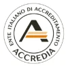 Accredia logo: white stamp with the letter A in the center, surrounded by a white circle with the black text "ACCREDIA - ITALIAN ACCREDITATION BODY".